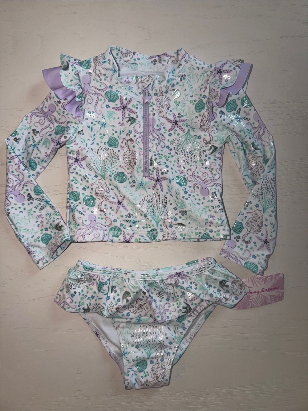 Tommy Bahama Girls' Long-Sleeve Pastel Floral Rashguard Set - Mint & Lavender